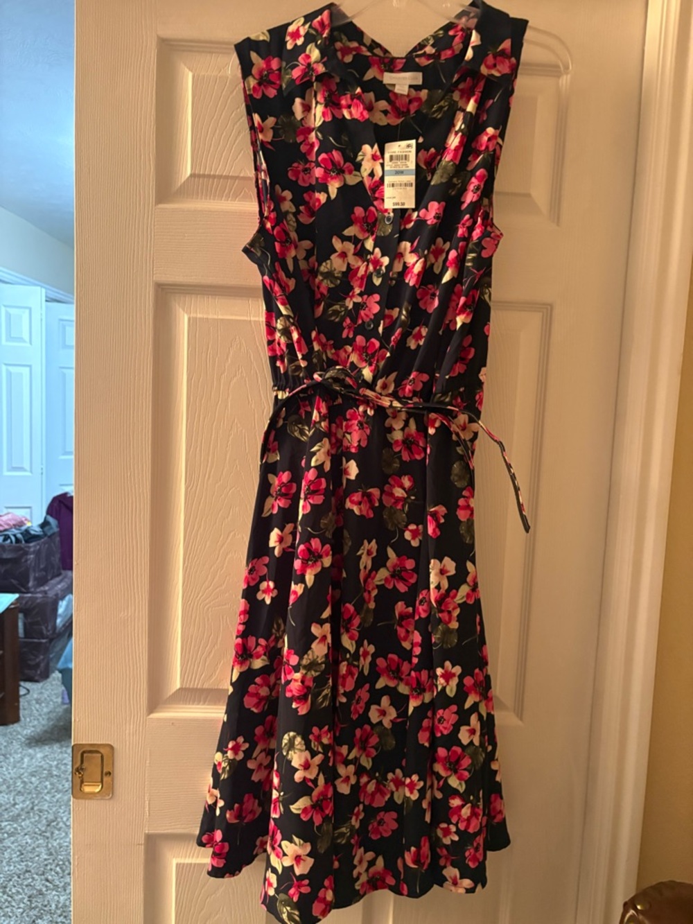 Charter Club Navy Floral Sleeveless Tie-Waist Dress